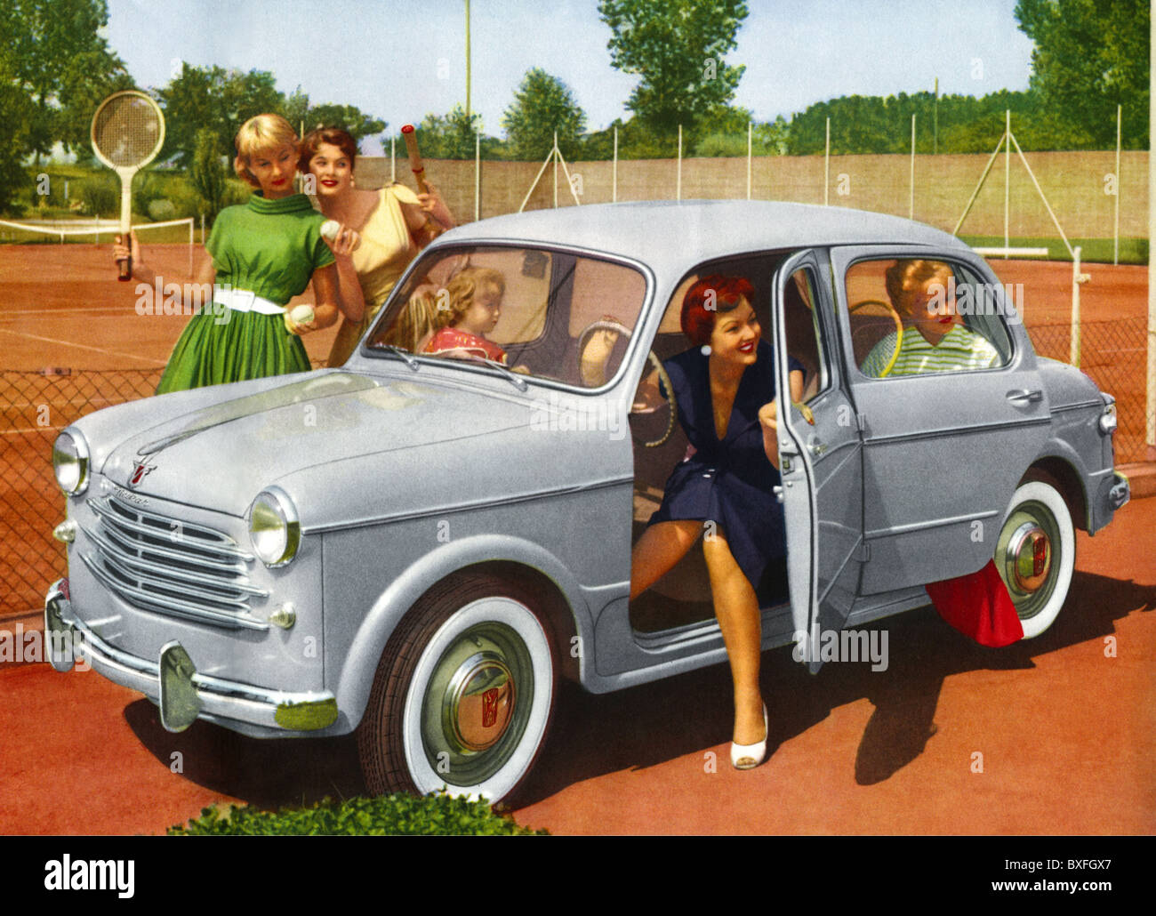 transport / transportation, cars, vehicle variants, Fiat, women driving with Neckar by NSU Fiat on tennis court, advertising, Germany, circa 1955, Additional-Rights-Clearences-Not Available Stock Photo