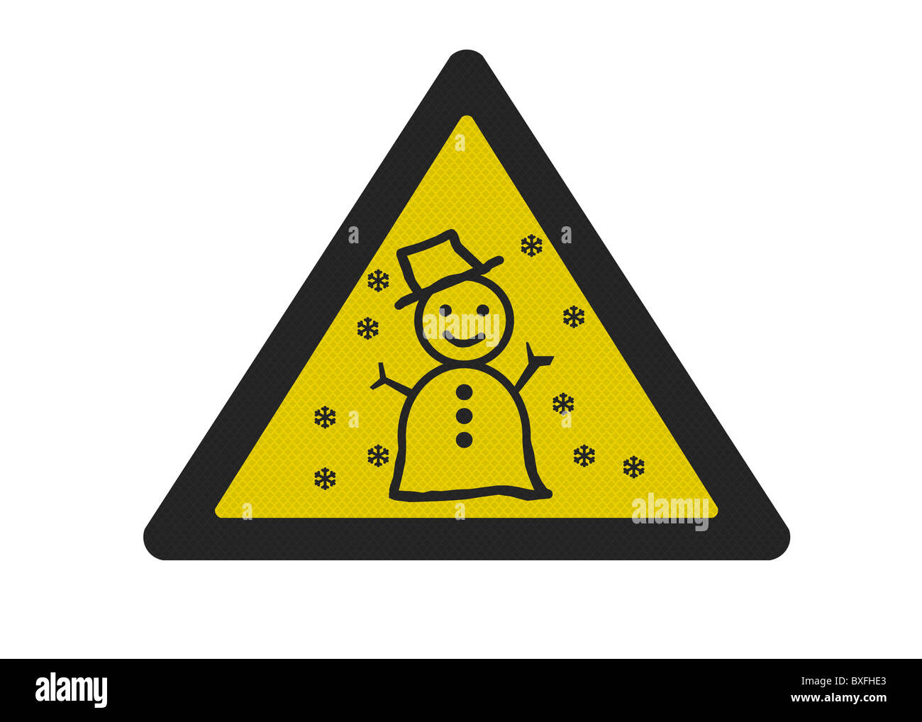Photo realistic reflective metallic 'snow warning' sign, isolated on a pure white background. Stock Photo