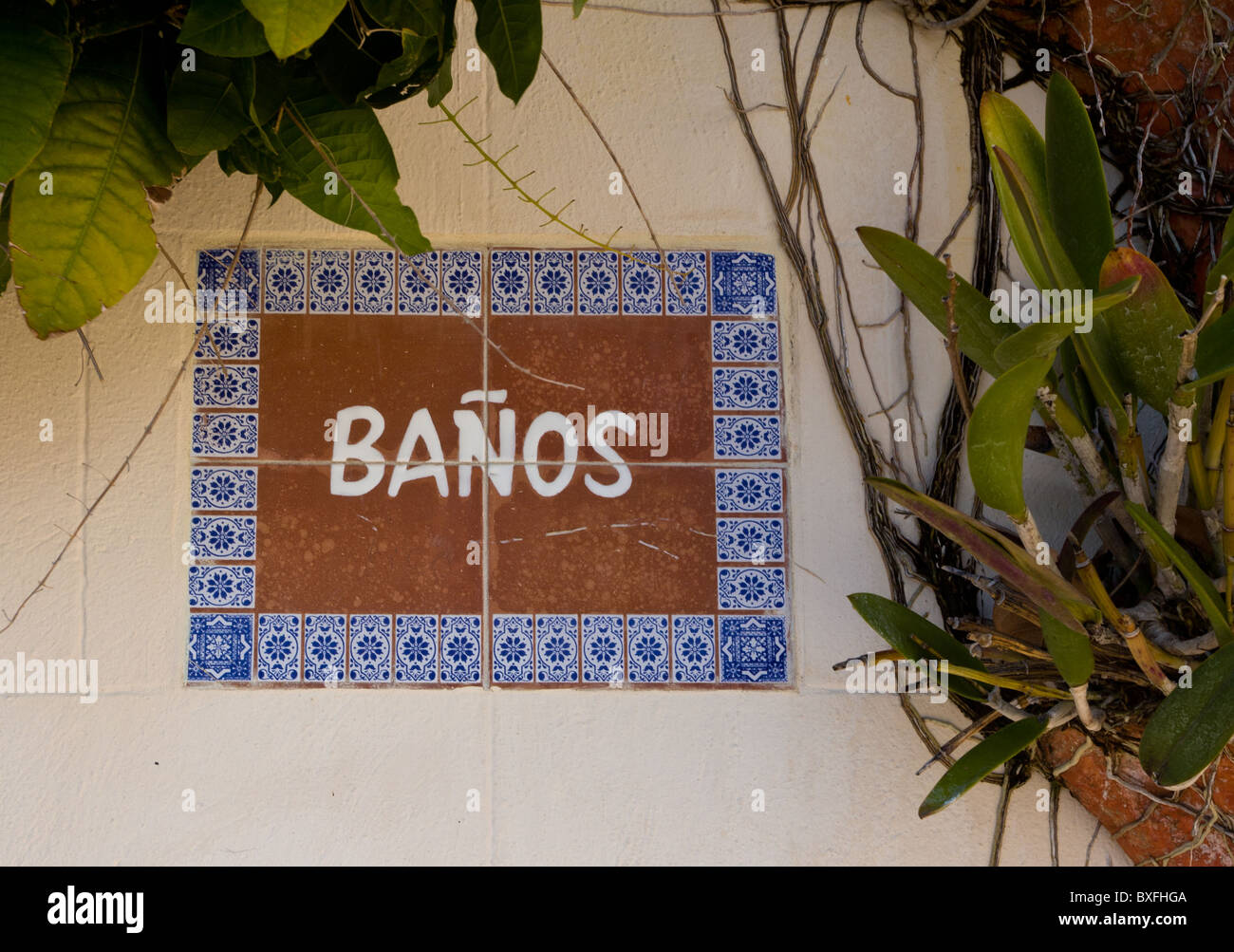 Tiles in wall indicating Banos or bathroom in Spanish Stock Photo Alamy