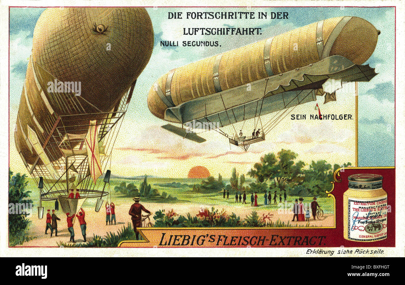 transport / transportation, aviation, airships, the both first zeppelins from the pioneering days of aviation, semi-rigid airships, first military airship 'Nulli Secundus', destroyed in September 1907, and his follower, filled with gas, from series of pictures 'The Progress of Aviation', Great Britain, 1908/1909, Additional-Rights-Clearences-Not Available Stock Photo