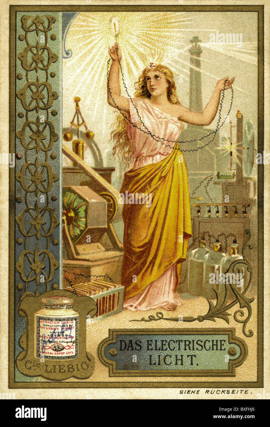 electricity, electric light, allegoric woman with light bulb, advertisement of Liebig company, collection card, lithograph, Germany, circa 1895, Additional-Rights-Clearences-Not Available Stock Photo