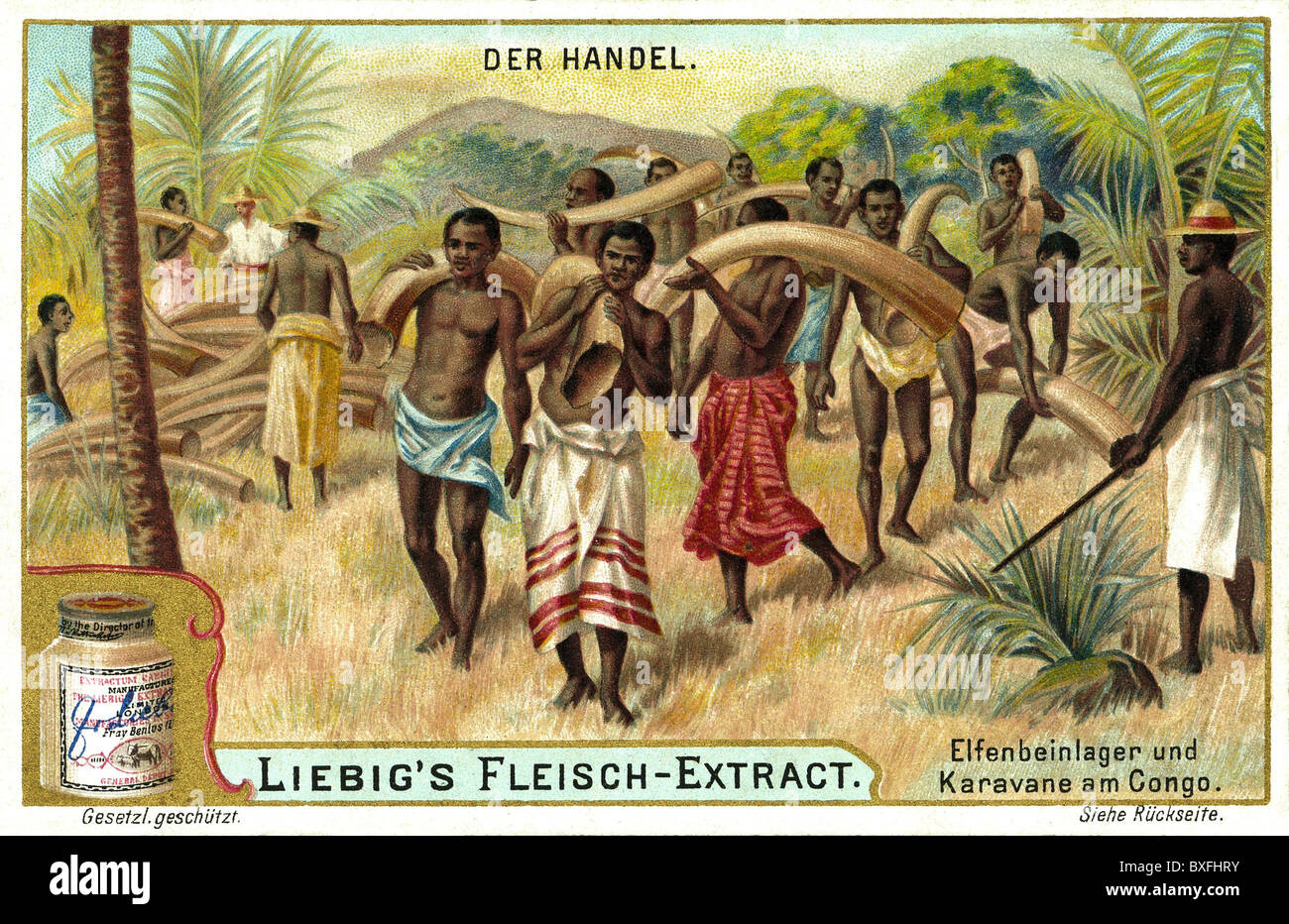 trade, colonialism, trading of ivory, Africa, collection card of Liebig Fleisch-Extract, lithograph, Germany, circa 1899, Additional-Rights-Clearences-Not Available Stock Photo