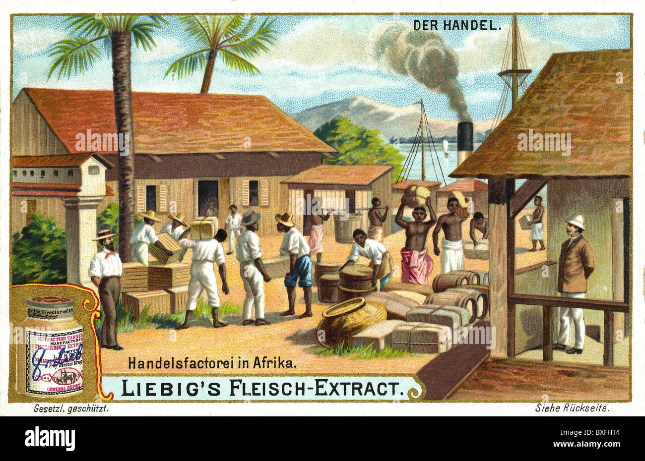 trade, shops, emporium in Africa, collection card of Liebig Fleisch-Extract, lithograph, Germany, circa 1899, Additional-Rights-Clearences-Not Available Stock Photo