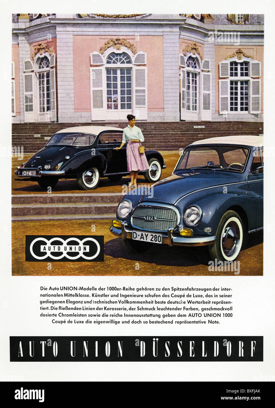 transport / transportation, car, vehicle variants, Auto Union, Coupe de Luxe 1000, advertisement, Germany, 1958, 1950s, 50s, 20th century, historic, historical, mid-range car, bicolored, two-colored, bicoloured, two-coloured, elegance, Audi, logo, logos, logotype, logo, Made in Germany, economic miracle, economic miracles, cars, people, Additional-Rights-Clearences-Not Available Stock Photo