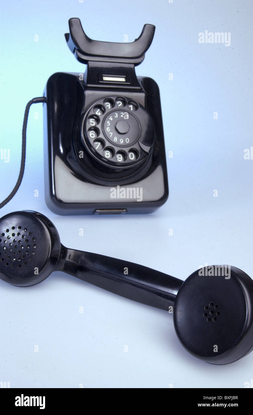 technics, telephone, Siemens wall telephone W 49, black, bakelite, Germany, circa 1950, 1950s, 50s, 20th century, historic, historical, wall mounting, dial, receiver, communication, telecommunication, product, products, symbolic, symbolical, icon, symbol image, 1940s, Additional-Rights-Clearences-Not Available Stock Photo