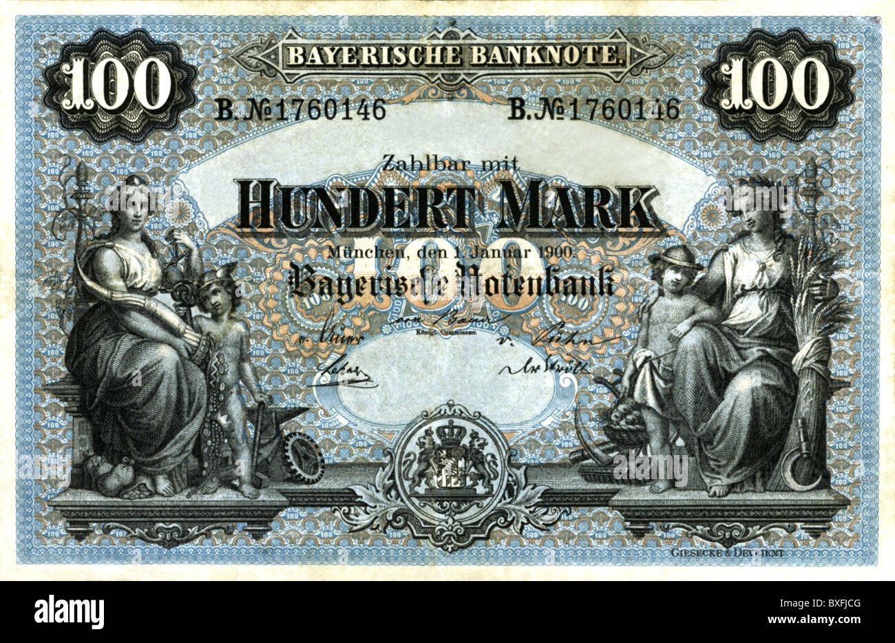 money / finance, bank notes, Germany, Bavaria, 100 Mark, made by Giesecke & Devrient, Munich, 1900, Additional-Rights-Clearences-Not Available Stock Photo