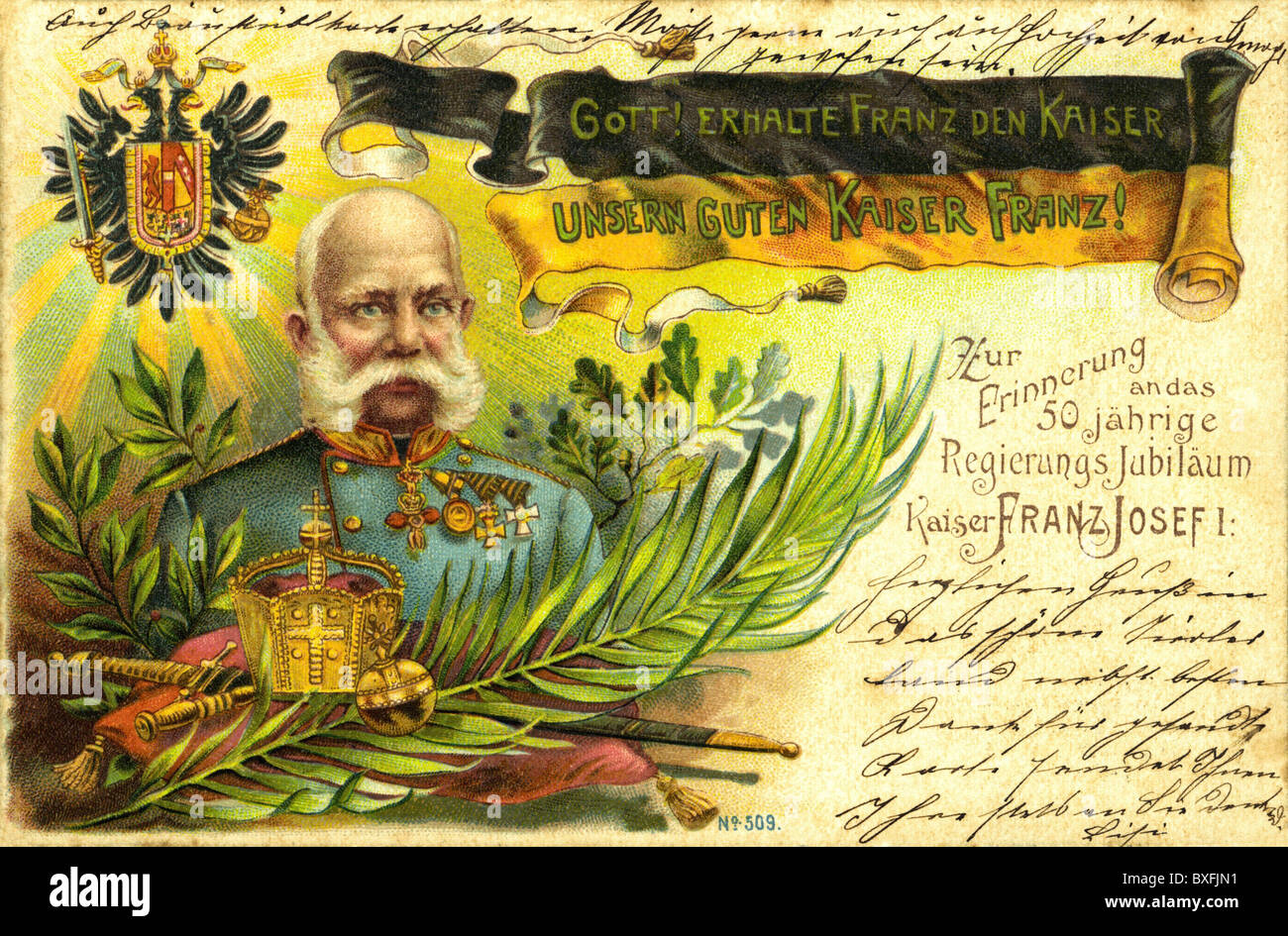 Franz Joseph I, 18.8.1830 - 21.11.1916, Emperor of Austria 1848 - 1916, King of Hungary, postcard with illustration, printed on occasion of the 50th anniversary of his reign, uniform, crown, Habsburg, dynasty, sceptre, sword, medal, laurel, coat of arms, double-headed eagle, monarchy, beard, whisker, whiskers, historic, historical, people, 19th century, Additional-Rights-Clearences-Not Available Stock Photo