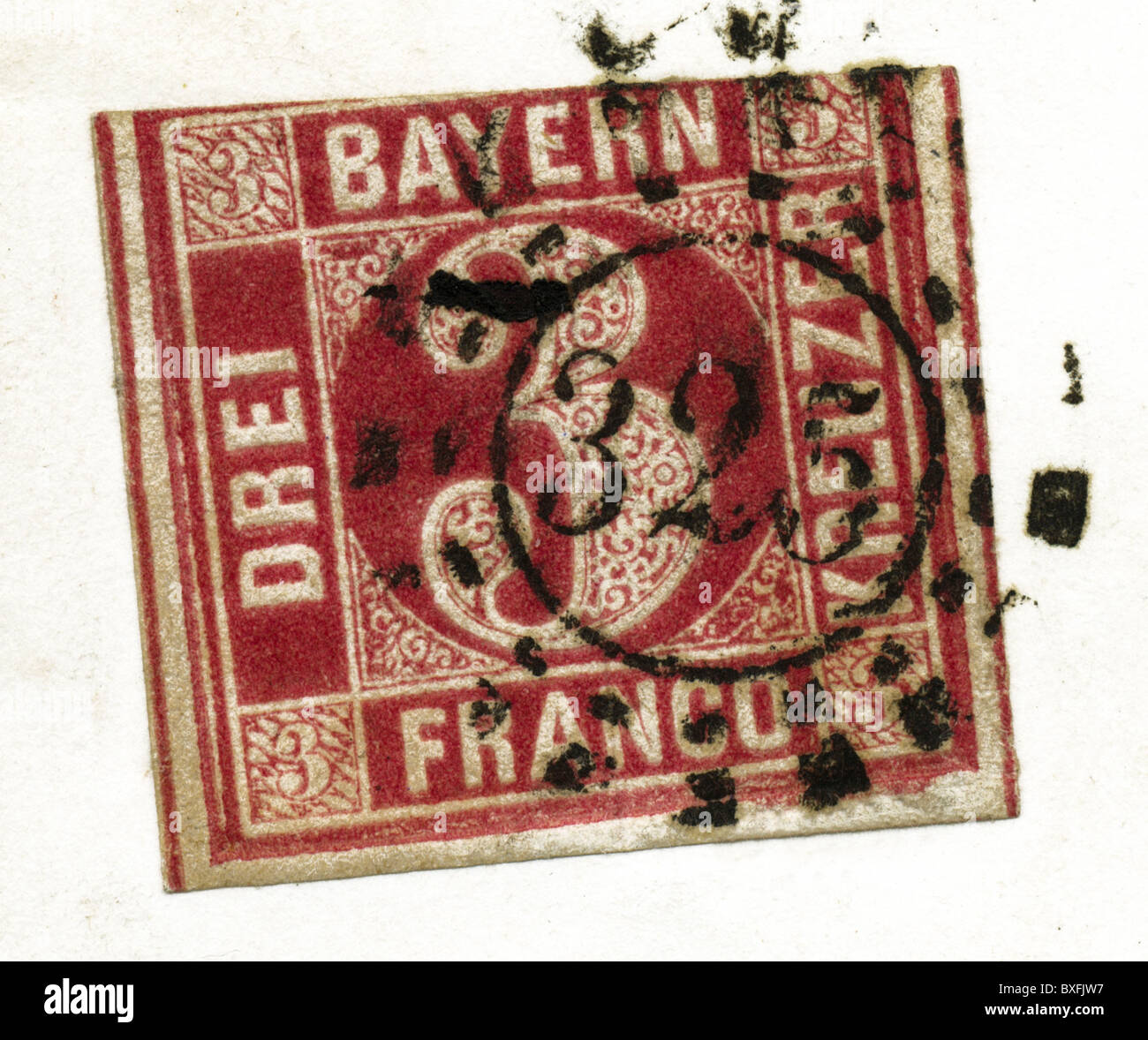 mail / post, stamps, sliced stamp, Bavaria, 1865, 1860s, 19th century, historic, historical, postage, Postage paid, three Kreuzer, 3, stamp, ticket, token, stamps, tickets, tokens, stamped, postmark, postmarks, philately, Bavarian post, correspondence, close-up, clipping, cut out, cut-out, cut-outs, Additional-Rights-Clearences-Not Available Stock Photo