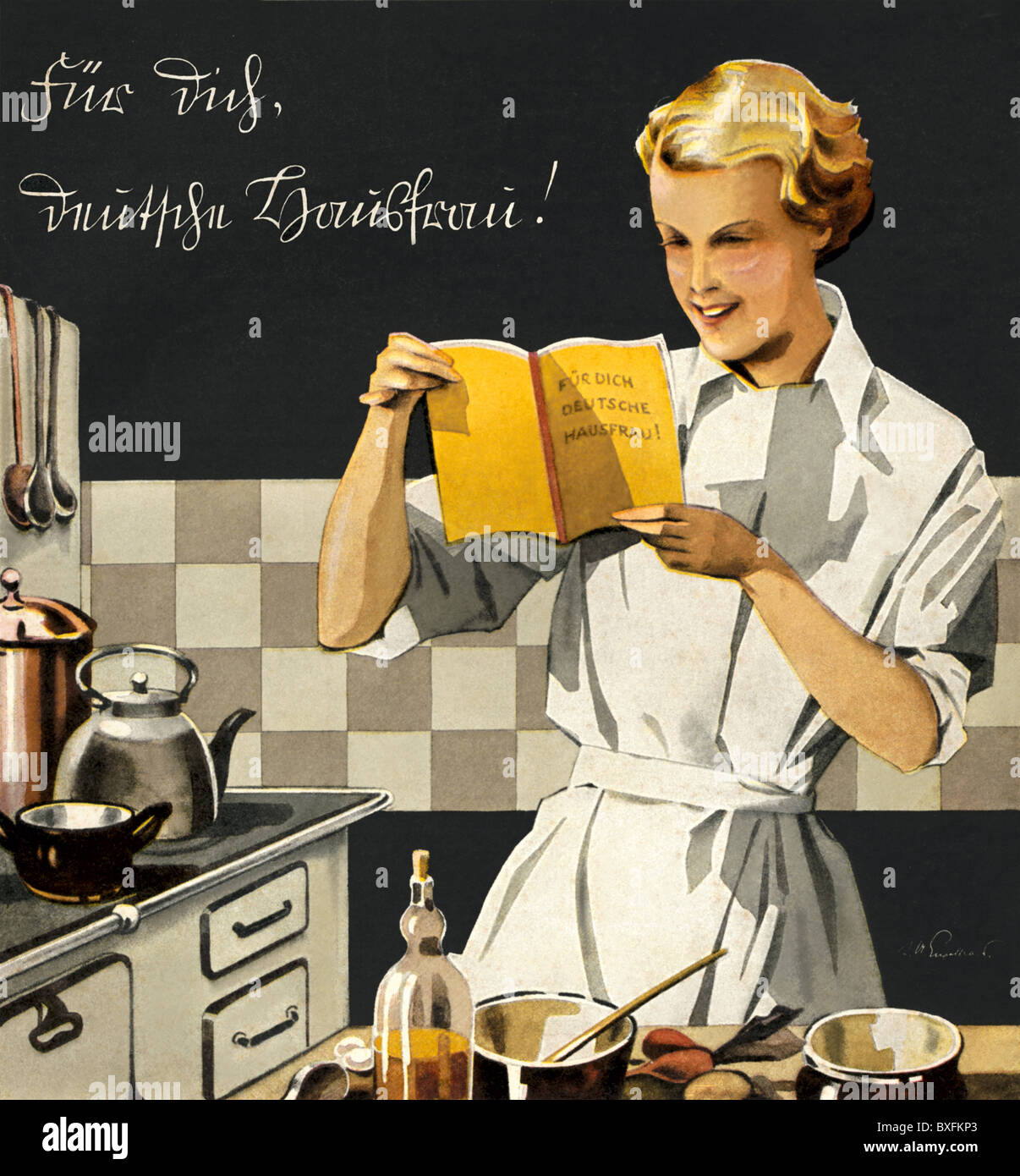 household, domestic science school, housekeeping book, title illustration, Germany, 1937, Additional-Rights-Clearences-Not Available Stock Photo
