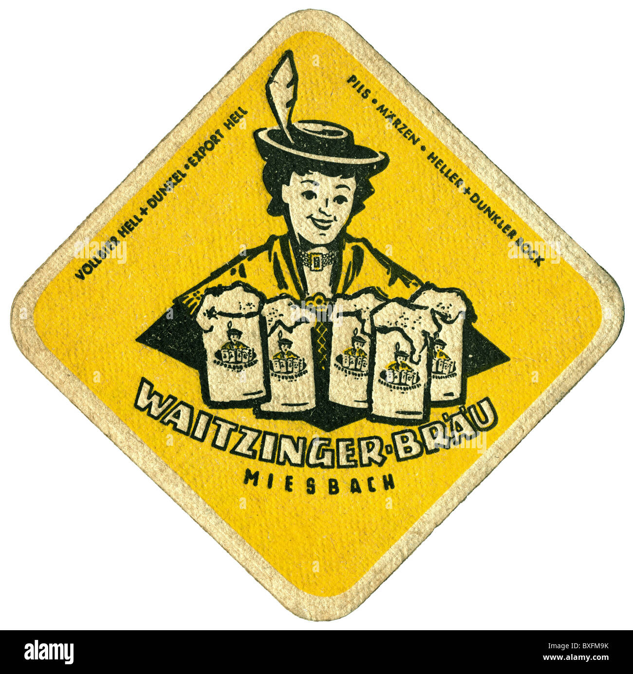 alcohol, beer, beer mat, Waitzinger-Braeu, Miesbach, Upper Bavaria, brewery closed in 1977, Bavaria, Germany, circa 1966, 1960s, 60s, 20th century, historic, historical, waitress, waitresses, traditional costume, national costume, dress, traditional costumes, national costumes, dresses, Bavarian, tradition, traditions, drink, drinking, cardboard, pasteboard, paperboard, clipping, cut out, cut-out, cut-outs, beer mat, coaster, beer mats, coasters, Additional-Rights-Clearences-Not Available Stock Photo