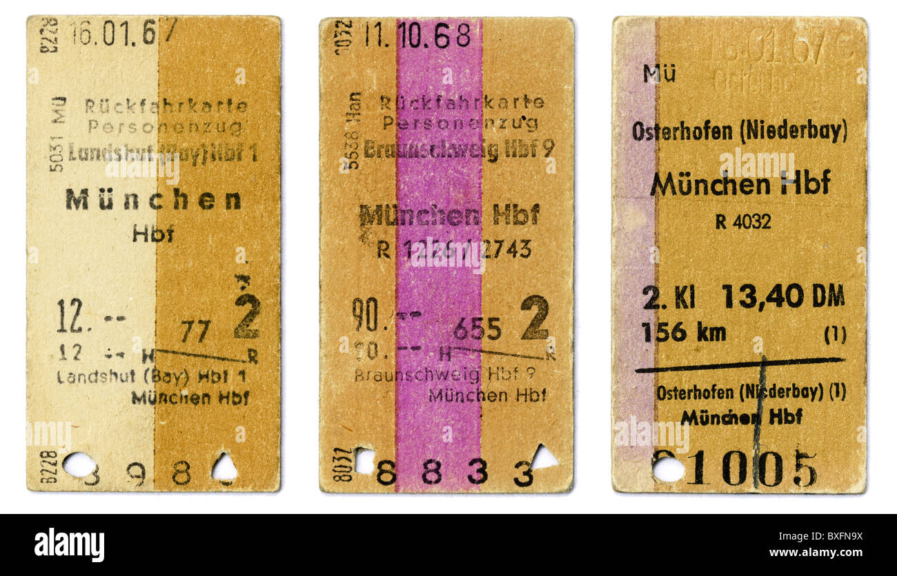 transport / transportation, railway, rail ticket, three small rail tickets, paperboard, Munich, Germany, 1967, 1968, 1960s, 60s, 20th century, historic, historical, rail ticket, train ticket, rail tickets, train tickets, ticket, tickets, German Federal Railways, return ticket, round-trip ticket, return tickets, round-trip tickets, devalue, devaluate, passenger train, local train, regional train, longdistance traffic, train journey, train journeys, train ride, train rides, clipping, cut out, cut-out, cut-outs, Additional-Rights-Clearences-Not Available Stock Photo