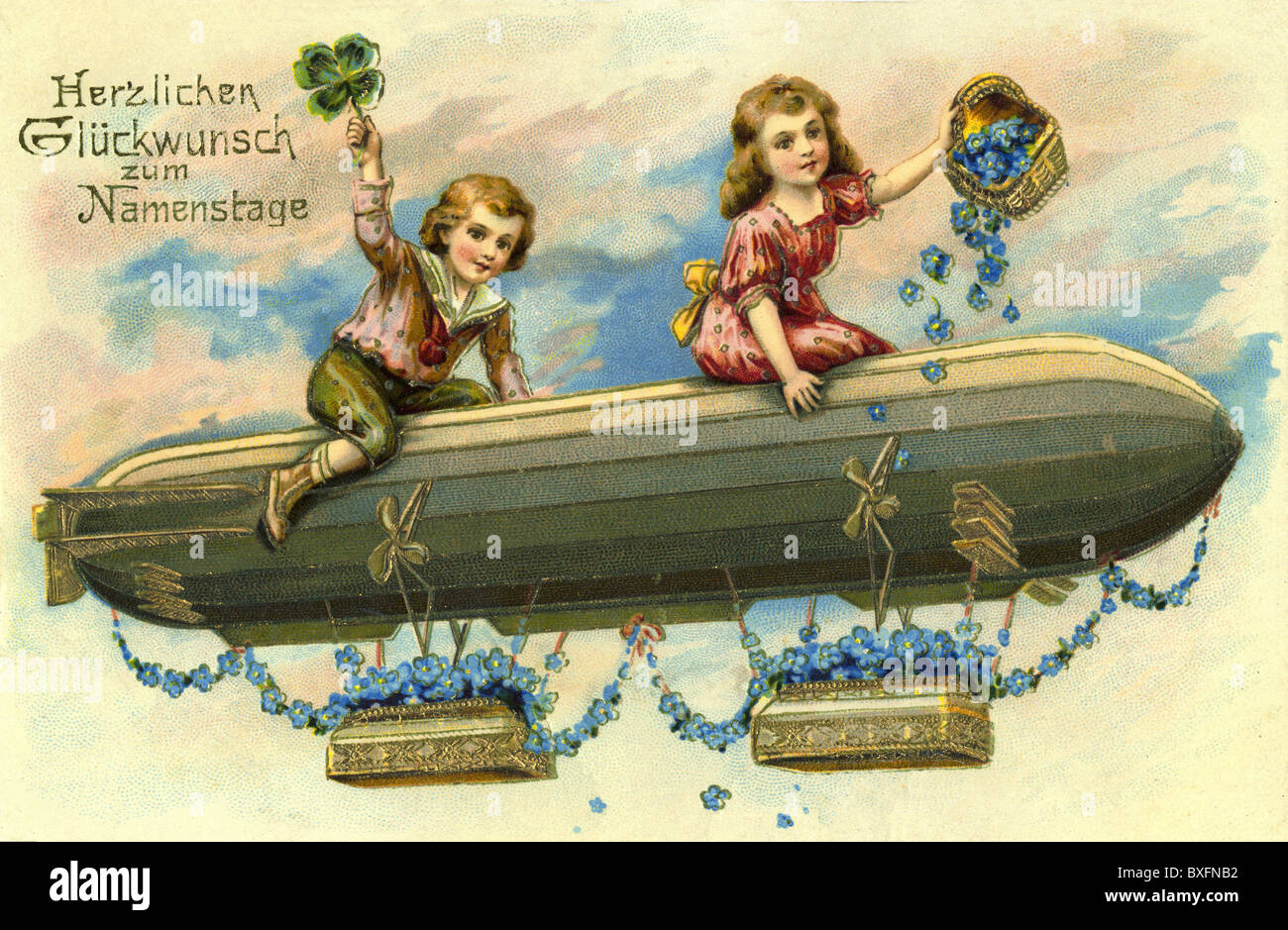 kitsch / souvenir, greetings card with zeppelin, lithograph, picture postcard, Germany, 1911, Additional-Rights-Clearences-Not Available Stock Photo