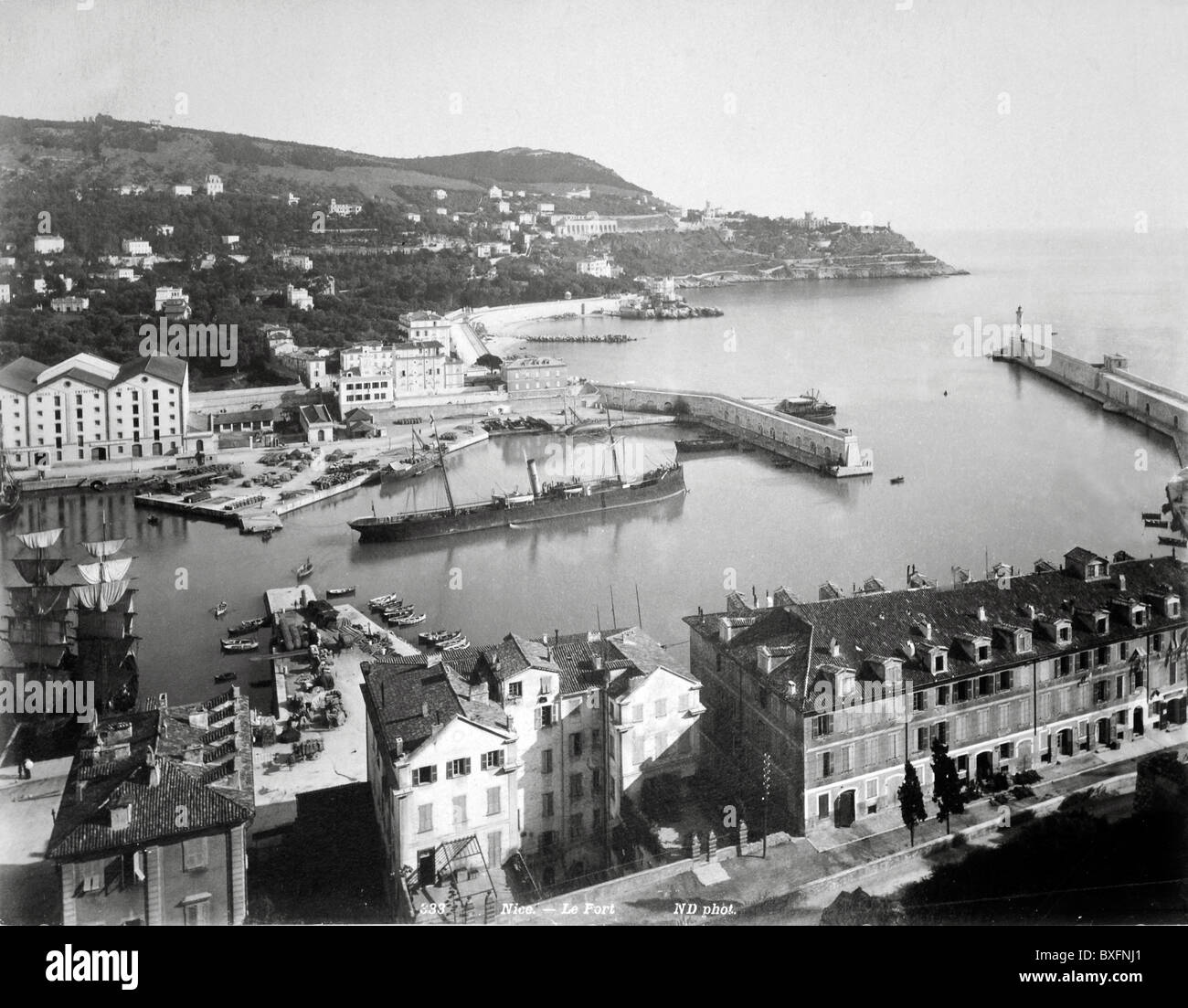 Nice Old Port, Harbour or Harbor with Early Steam Ship c1890. French Riviera, Côte-d'Azur, France. Albumen Print c1890. Stock Photo