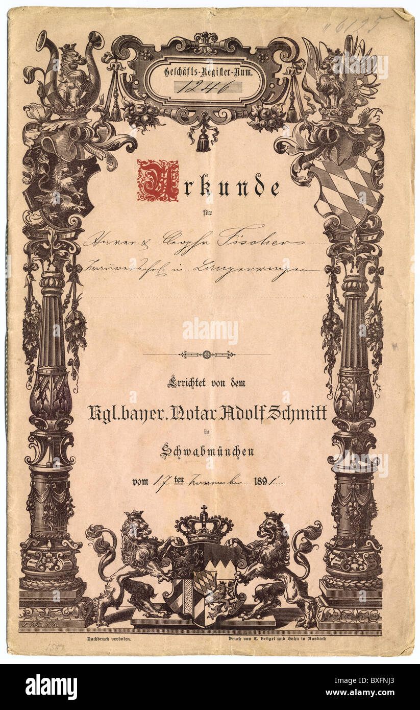 documents, contract, title, certification by notary, Schwabmuenchen, Bavaria, 17.11.1891, Additional-Rights-Clearences-Not Available Stock Photo