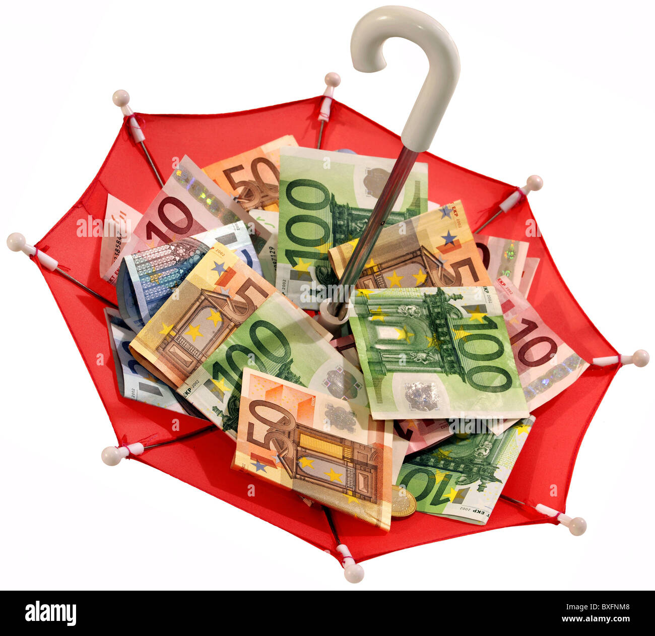 money, banknotes, Euro banknotes in umbrella, Caution! Not to be used in negative context Stock Photo