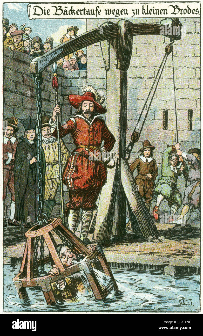 justice, penitentiary system, ducking, baker at pillory, public penalisation because of to small baken bread, Germany, circa 1580, picture postcard, circa 1910, historic, historical, jeer, guilt, debt, verdict of guilty, verdicts of guilty, mortification, shame, judgement, judgment, judgements, law, handicraft, handcraft, craft, guild, guilds, 16th century, people, 1900s, 1910s, Additional-Rights-Clearences-Not Available Stock Photo