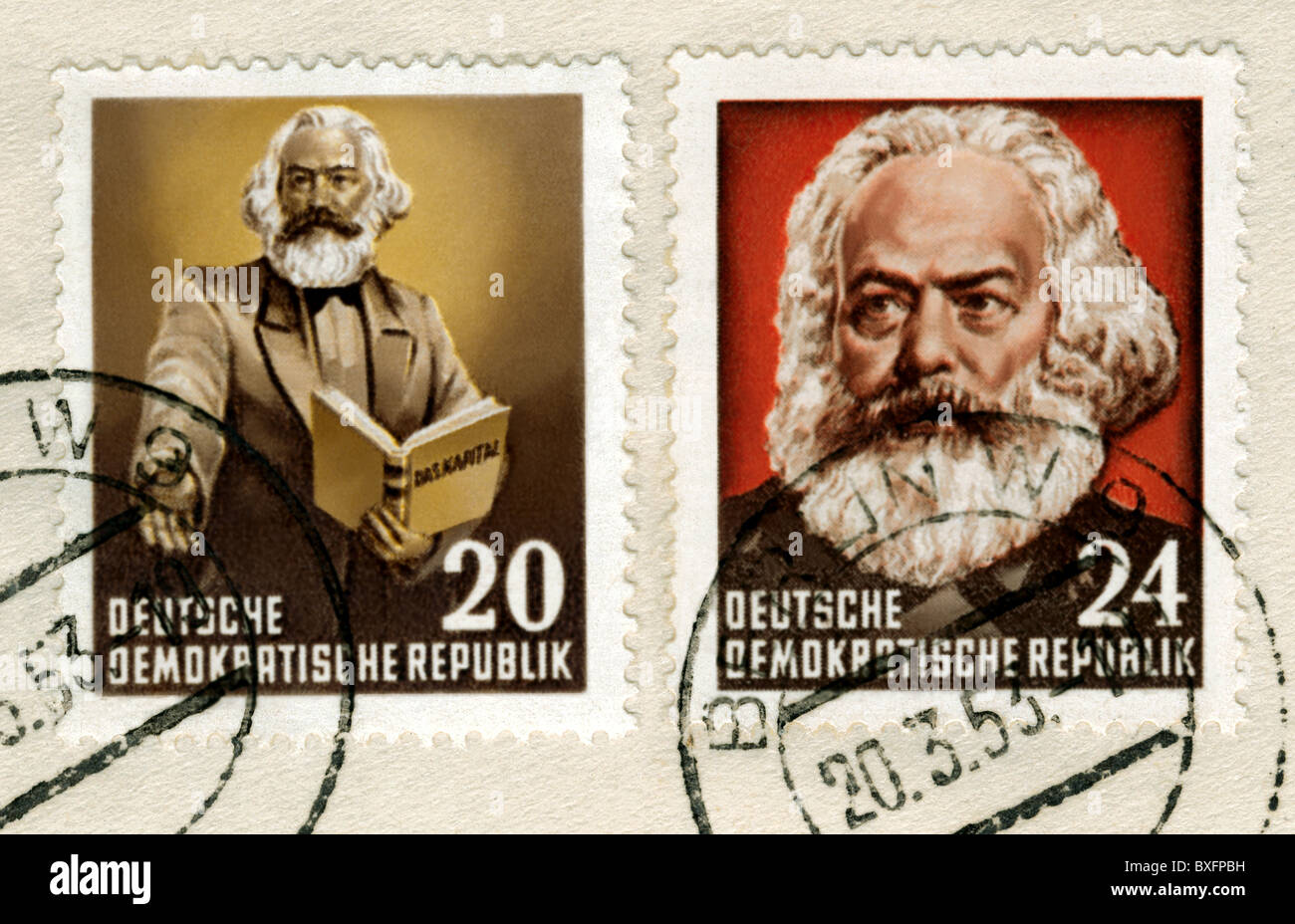 Marx, Karl, 5.5.1818 - 14.3.1883, German philosopher, stamps, half length, portrait, GDR, 1953, Stock Photo