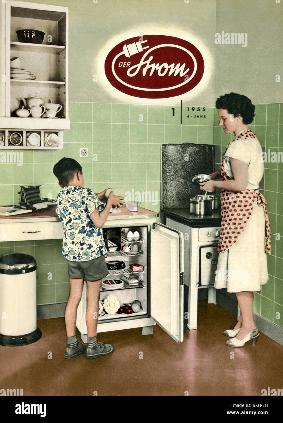 household, kitchen and kitchenware, refrigerator and electric cooker, cover of the German magazine 'Der Strom' (The Current), customer magazine of the electricity suppliers, Vol. 6, No. 1, 1955, Additional-Rights-Clearences-Not Available Stock Photo