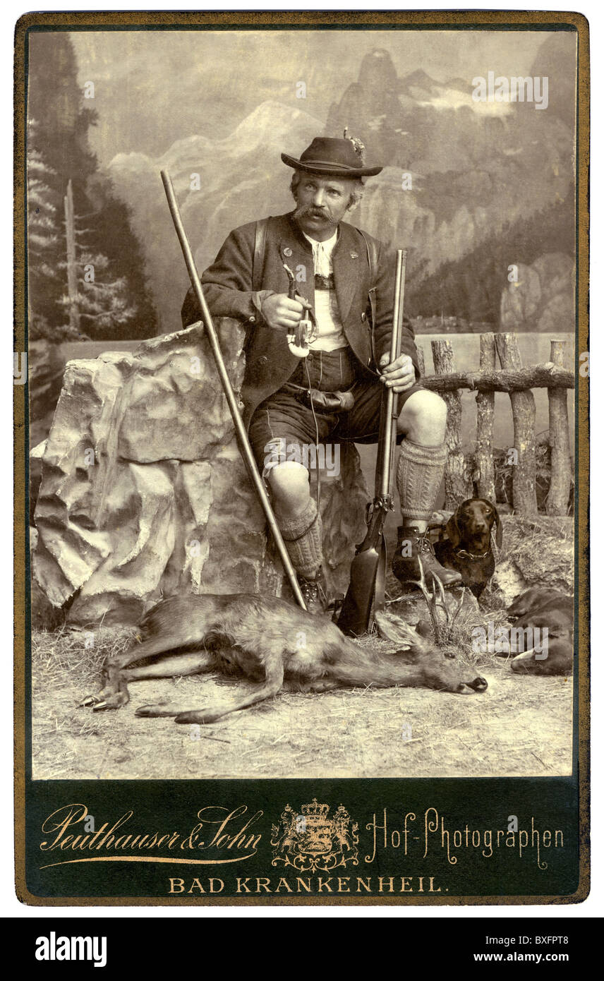 hunt, hunter, posturing, studio shot, Bad Tölz, Bavaria, Germany, circa 1898, Additional-Rights-Clearences-Not Available Stock Photo