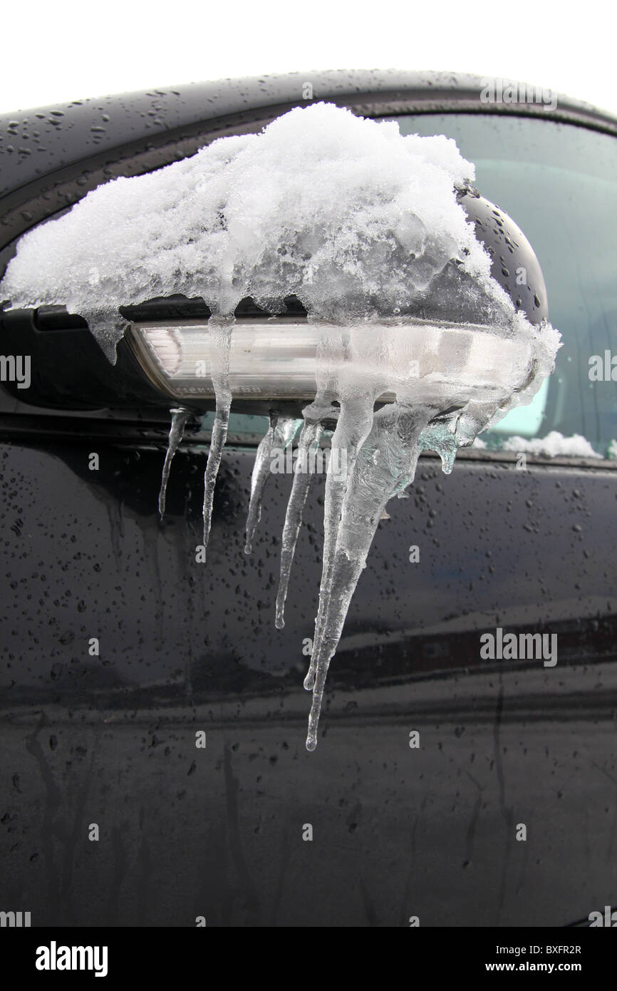 Wing Mirror, icicle. An icicle is a spike of ice formed when water