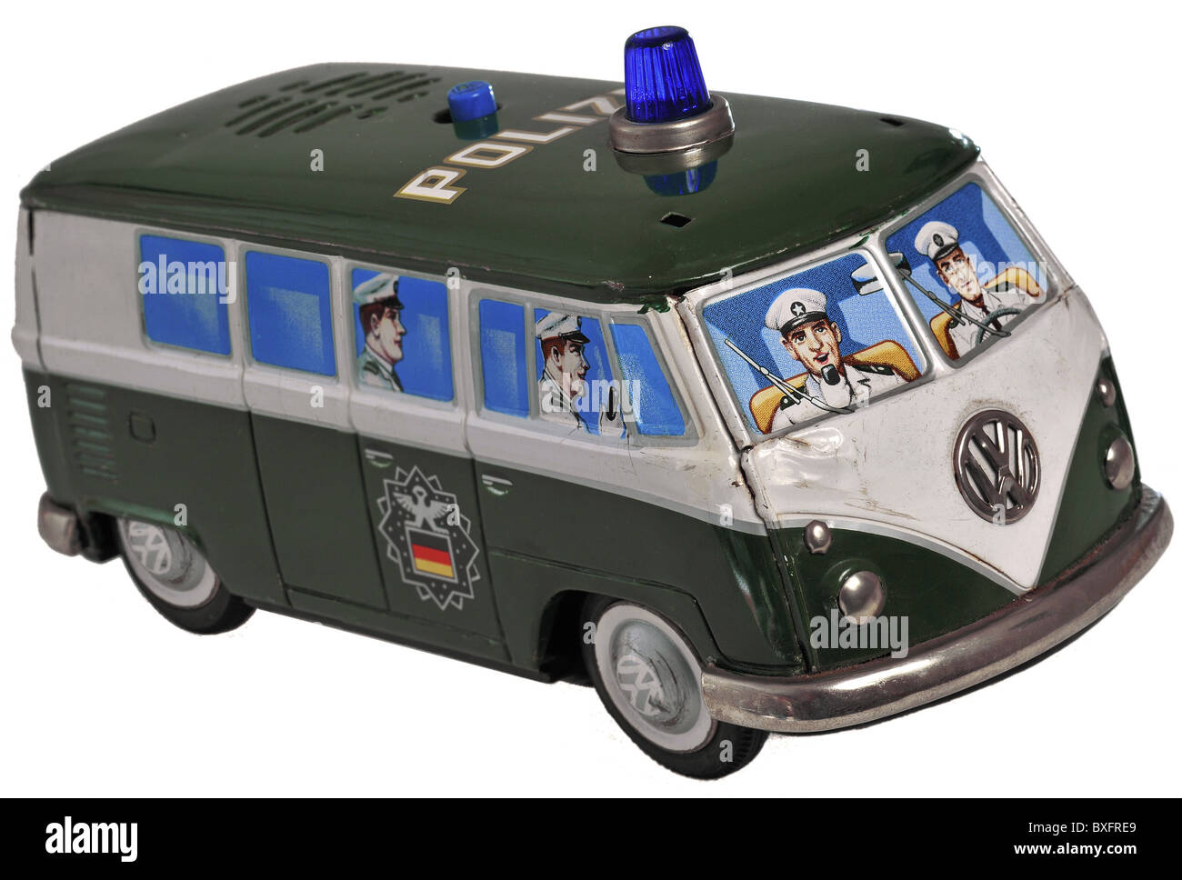 toys, German police car, Volkswagen Transporter T1, circa 1956, Japan, circa 1969, 1960s, 60s, 20th century, historic, historical, emergency vehicle, VW, police, police vehicle, Bulli, Bully, VW-Bully, VW-Bulli, tin toys, tin toy, Japanese, clipping, cut out, cut-out, cut-outs, 1950s, 1970s, Additional-Rights-Clearences-Not Available Stock Photo