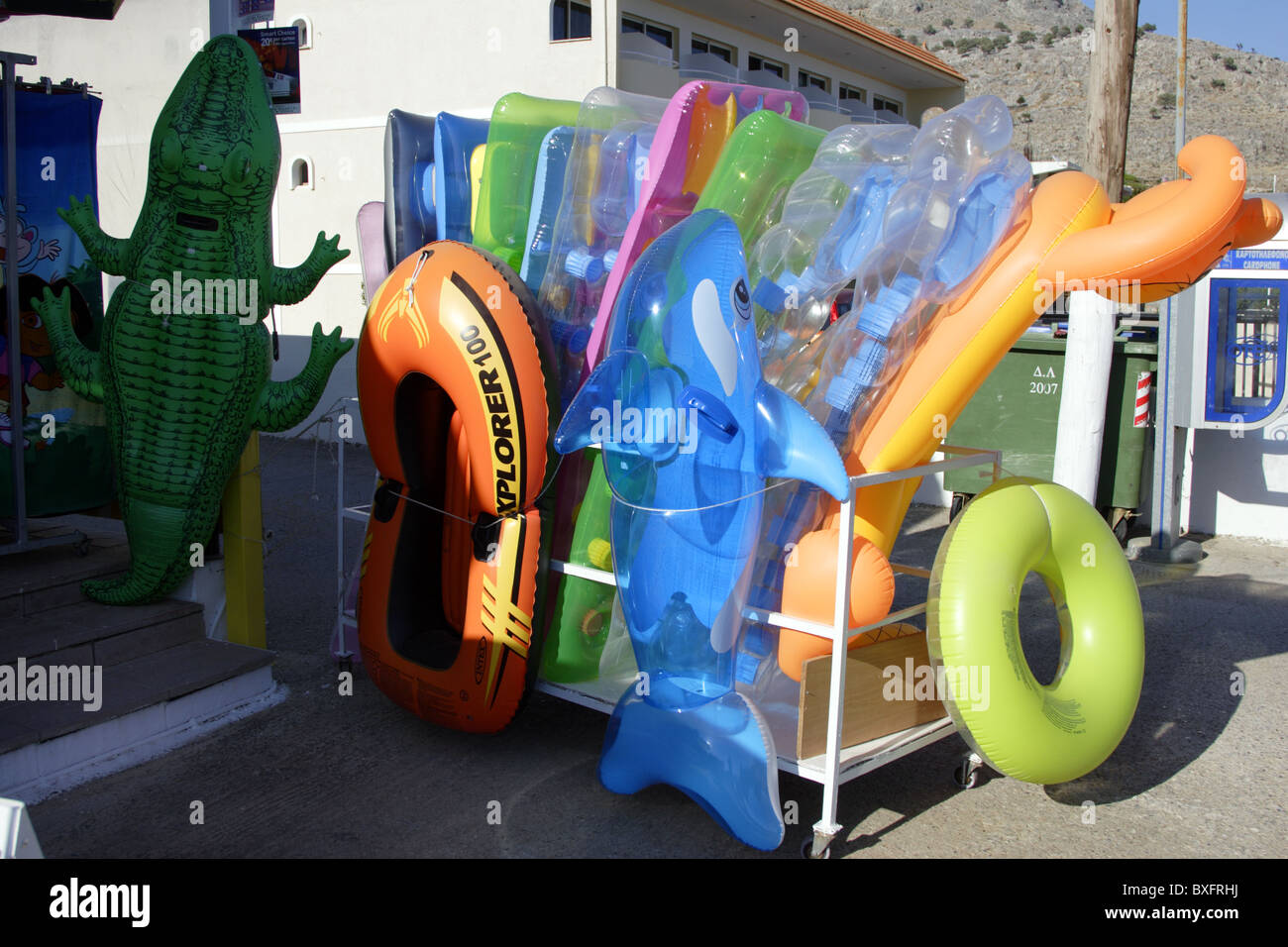 Tourist shop selling inflatables in Lothiarika, near Lardos, Rhodes, Greece Stock Photo
