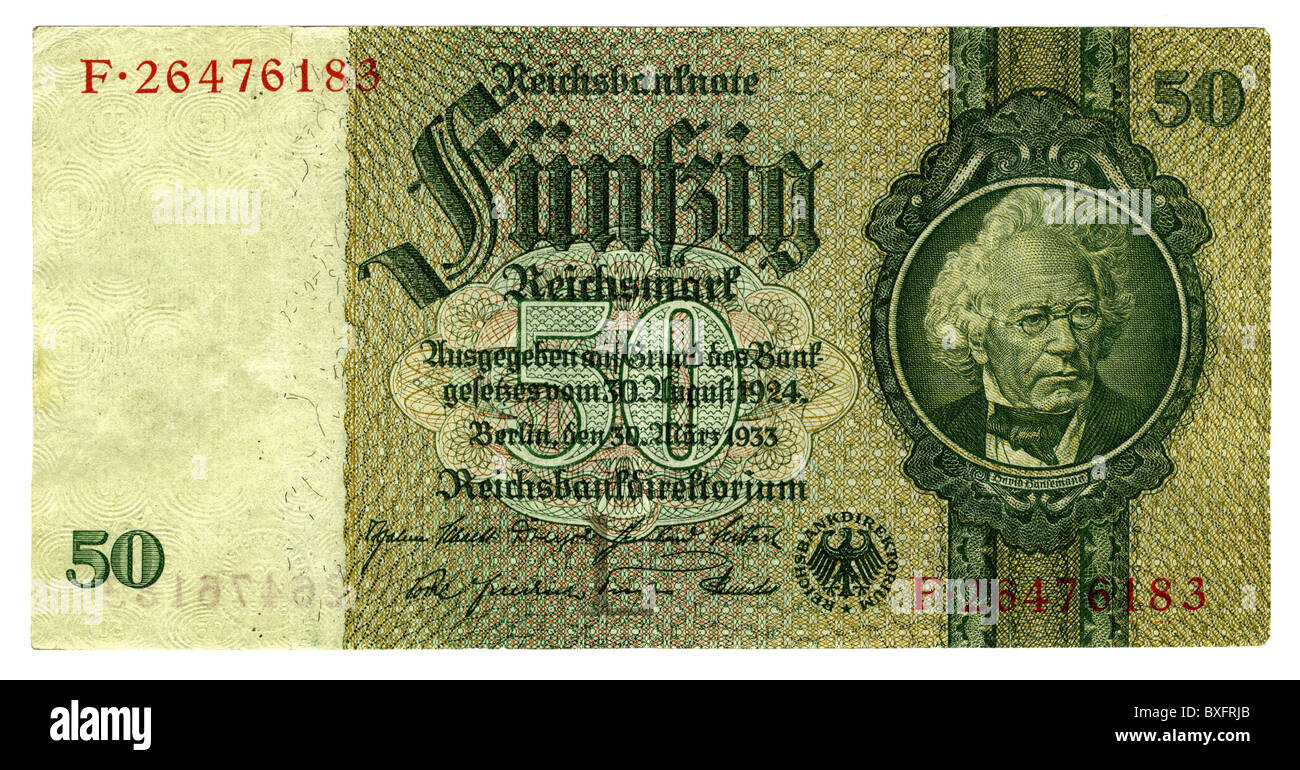 money / finance, banknotes, Germany, 50 Reichsmark, bank note with portrait of the Prussian minister of finance David Hansemann, Berlin, Germany, 30.3.1933, Additional-Rights-Clearences-Not Available Stock Photo