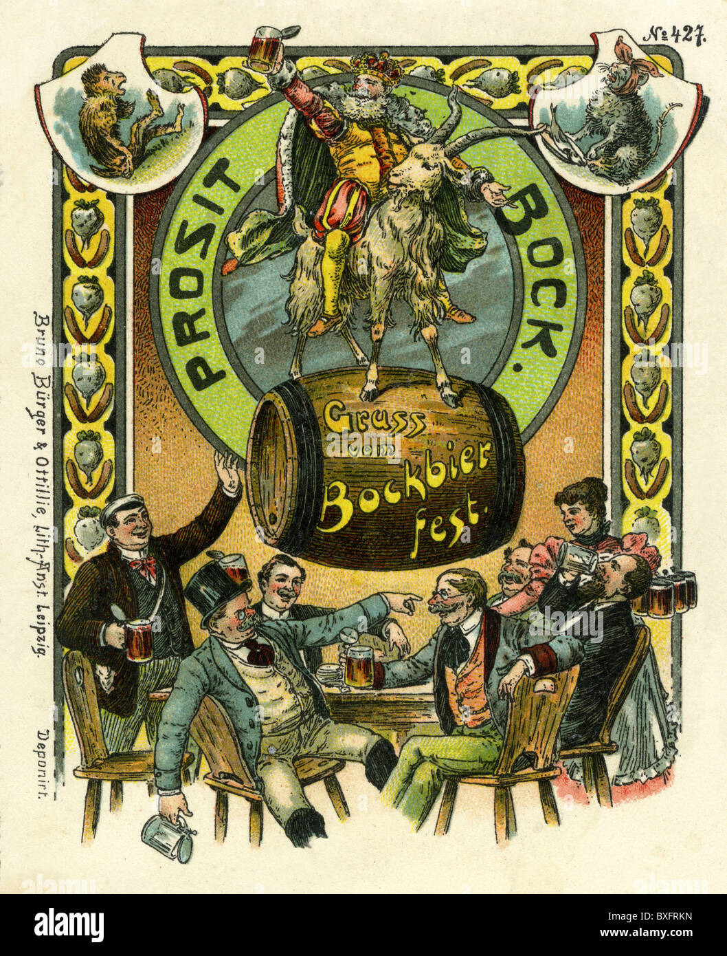 festivals, public festival, greetings from bock beer festival, King Gambrinus, legendary inventor of the beer, patron of brewers, riding on buck, picture postcard, Leipzig, Germany, 1897, Additional-Rights-Clearences-Not Available Stock Photo