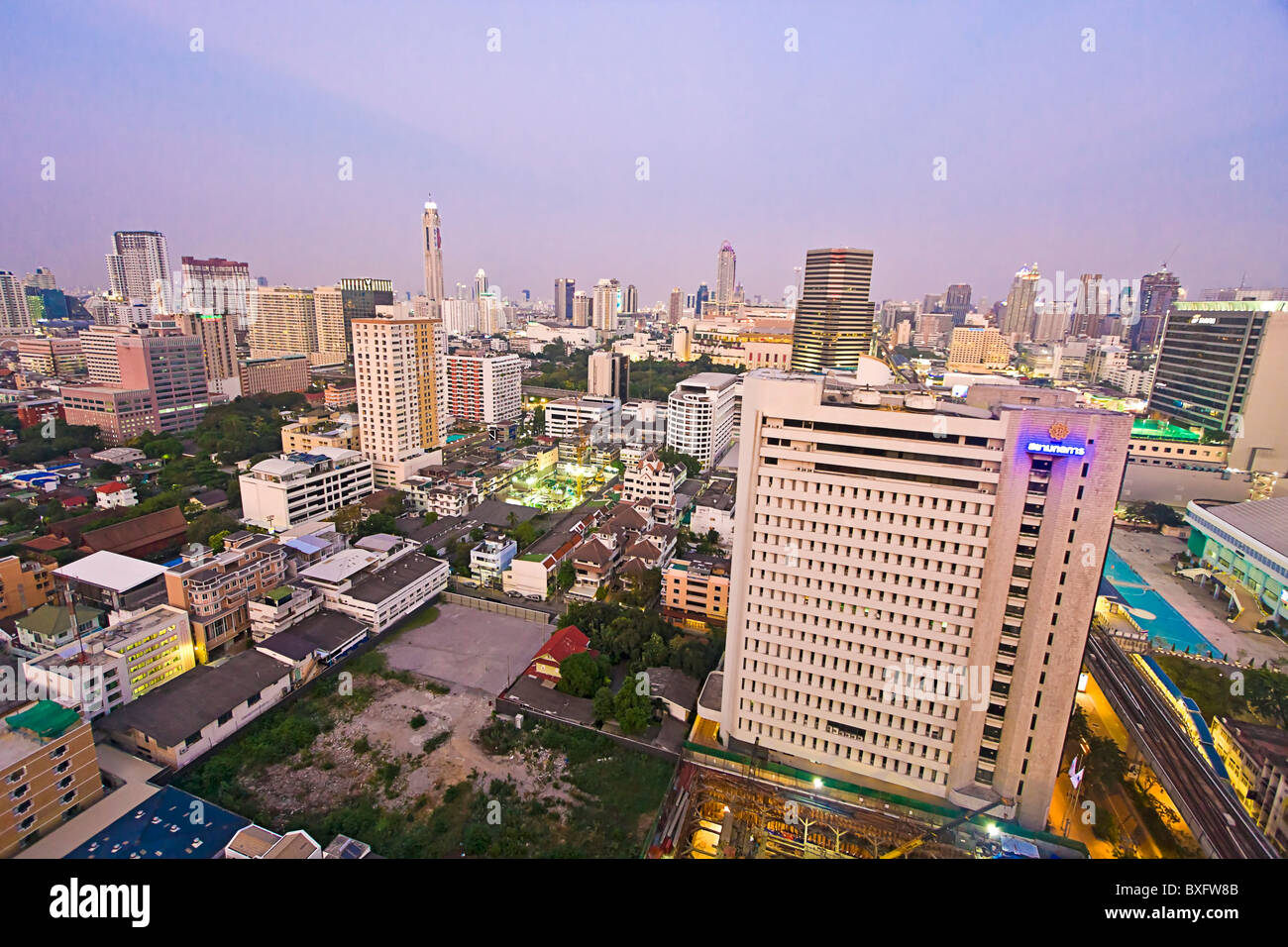 Aerial view just after sunset of downtown Bangkok, photographed from ...