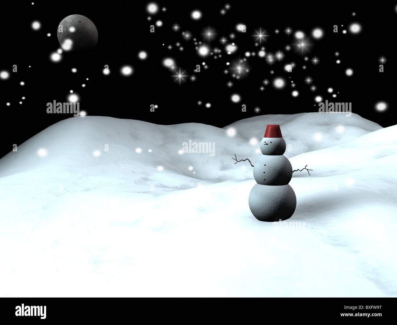 Snow man with a blue starry sky at the background Stock Photo - Alamy