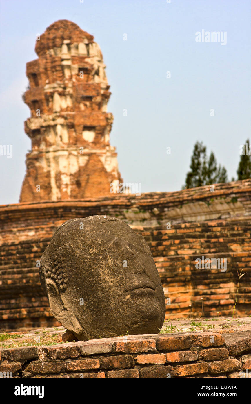 Stone Buddha head at Wat Mahathat, east of Ayutthaya Grand Palace, Bangkok, Thailand Stock Photo