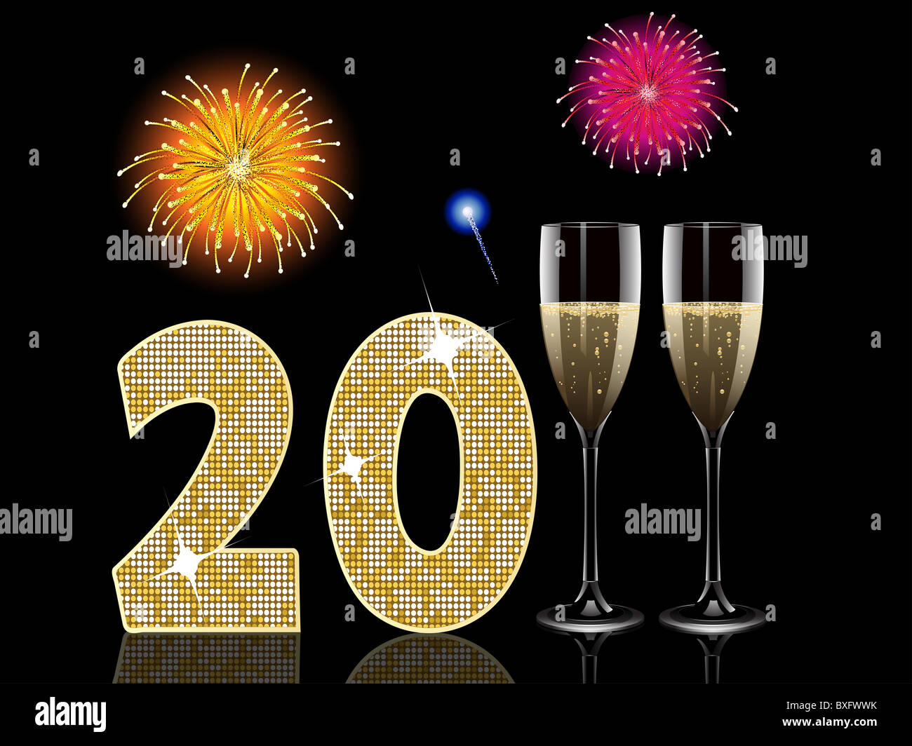 New Year vector with champagne and fireworks Stock Photo - Alamy