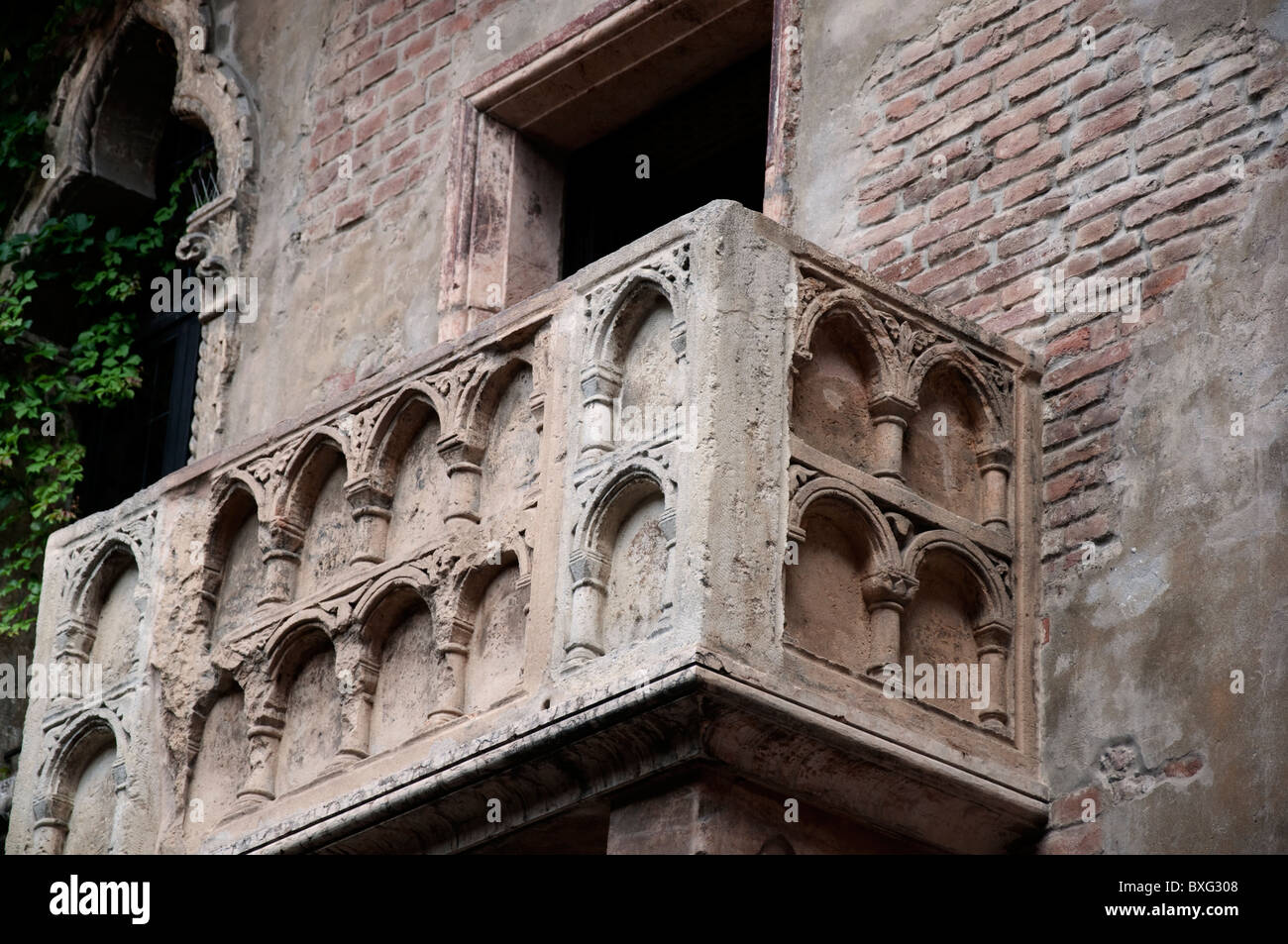 Balcony on wall of Juliet's house in Verona the city in Northern Italy featuring in Shakespeare