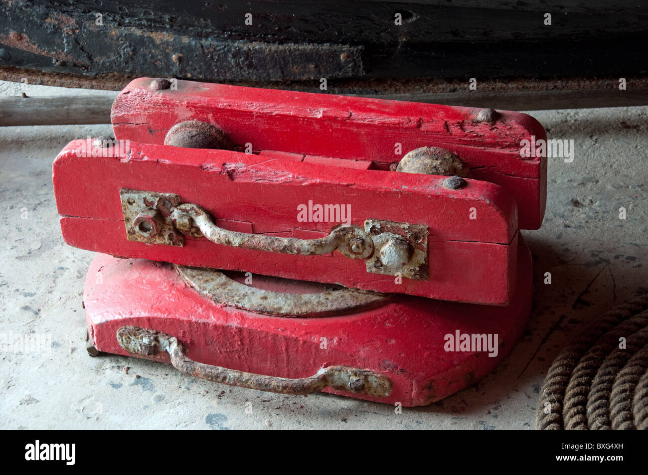 Life boat pulley blocks Stock Photo Alamy