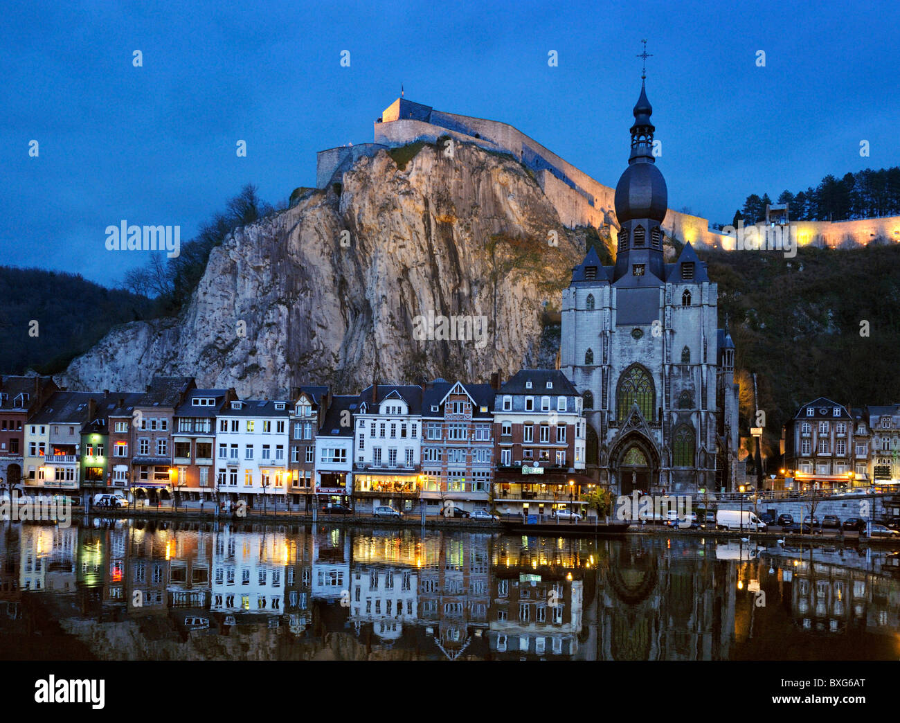 Collegiate Church of Notre-Dame, The citadel and the River Meuse, the city of Dinant, province of Namur, Ardennes, Belgium Stock Photo
