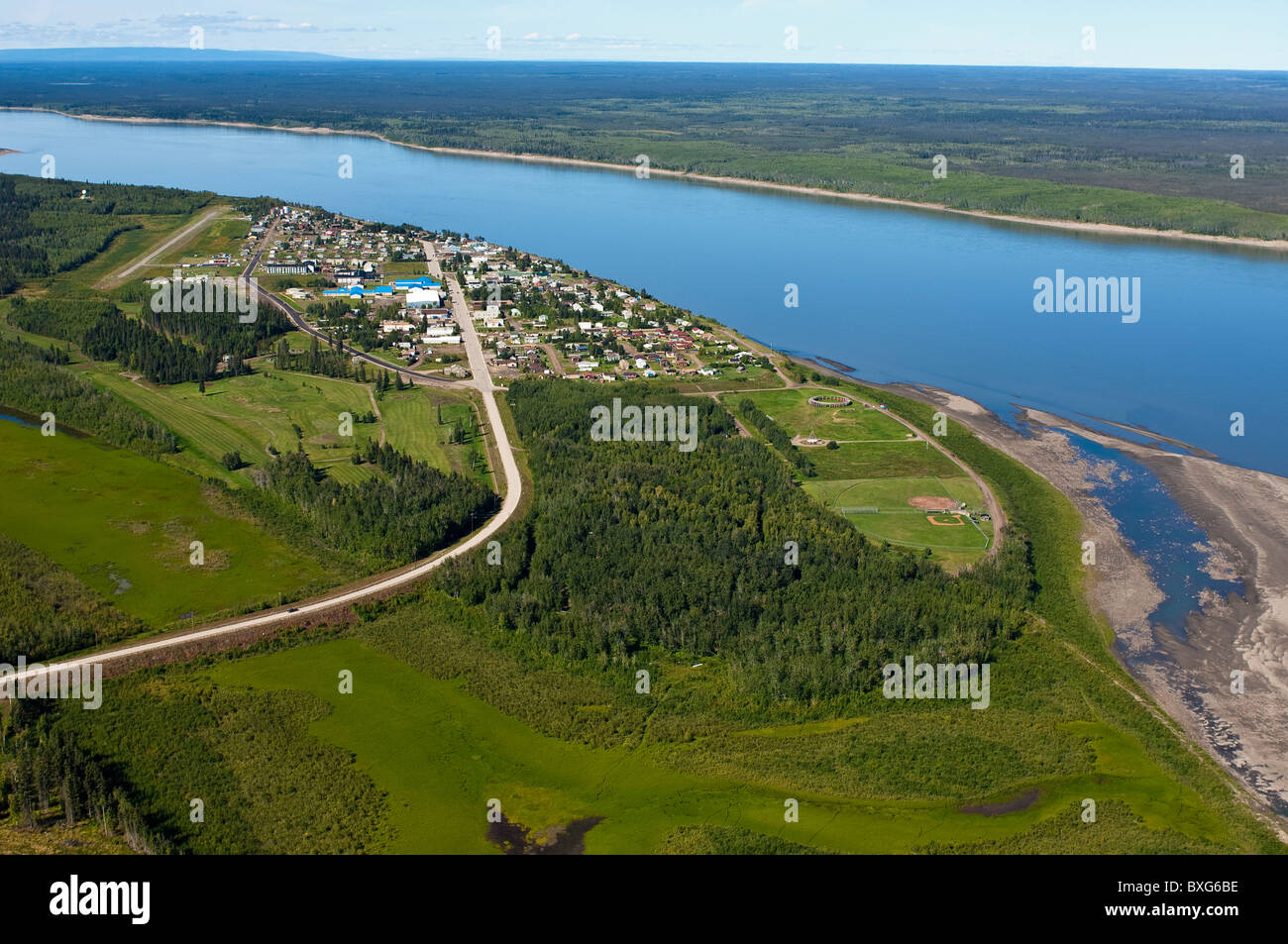 Aerial view of Fort Simpson at Mackenzie and Laird Rivers, Northwest