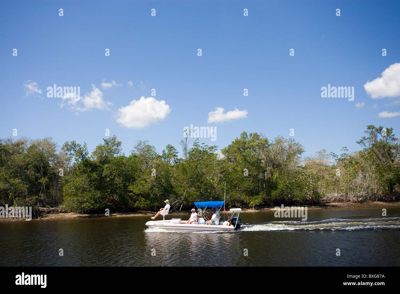 Tourists on boat trip at Ten Thousand Islands, Florida Everglades, United States of America Stock Photo