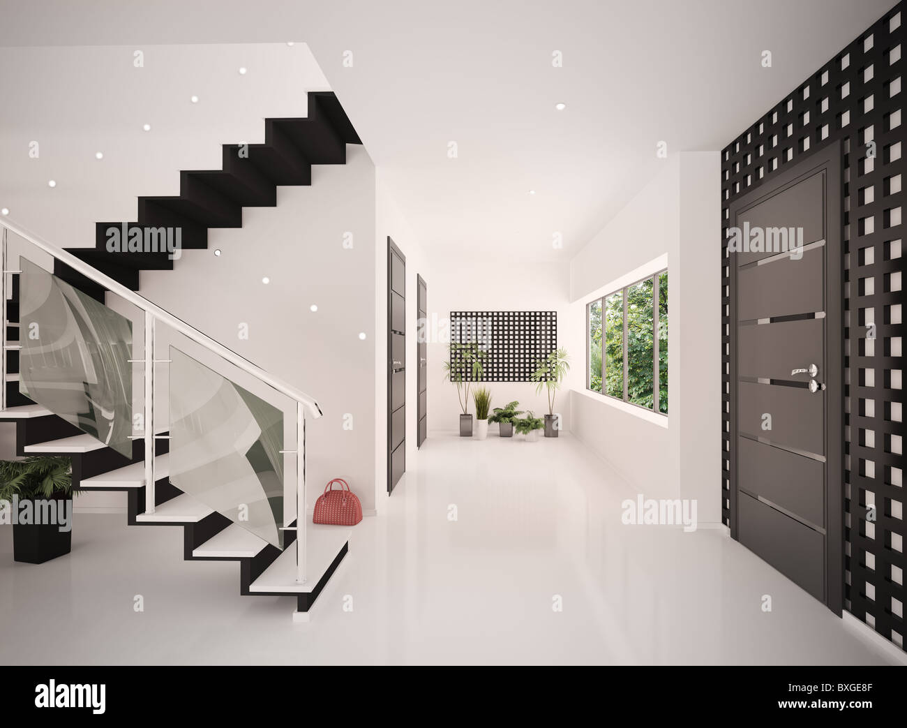Interior of modern entrance hall with staircase 3d render Stock Photo -  Alamy