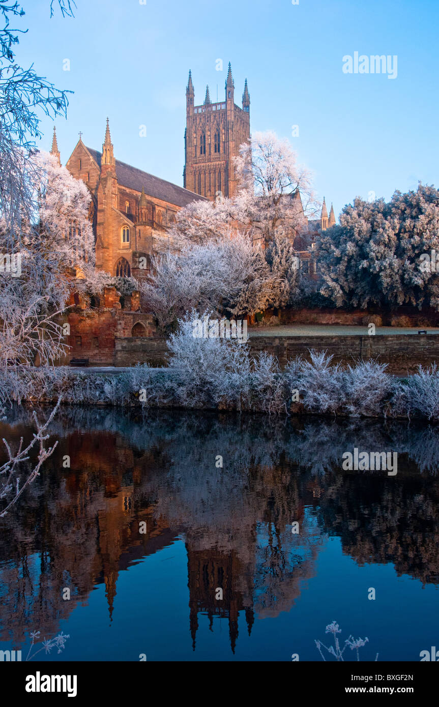 Worcester Cathedral on a frosty winter's day reflecting on the river Severn. Worcestershire. England. Stock Photo