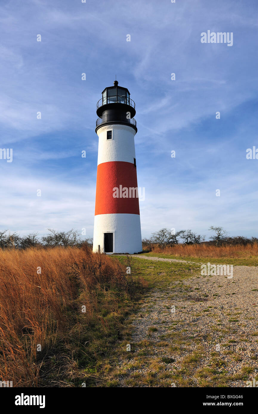 Sankaty Head Light Lighthouse Nantucket, Massachusetts, USA with moor grasses fall autumn color colour Stock Photo