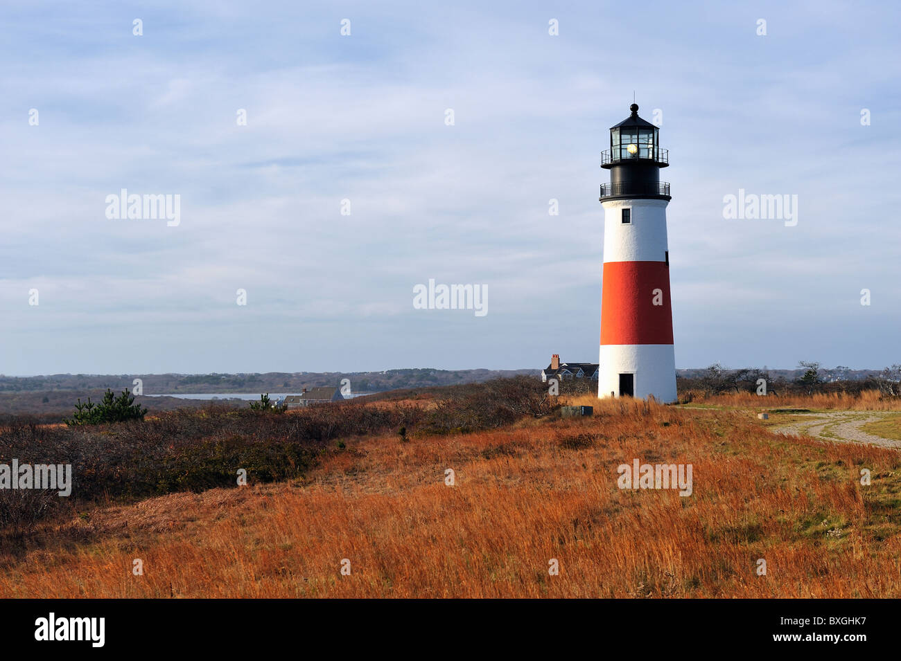 Sankaty Head Light Lighthouse wide angle view across the moors in autumn, Nantucket, Massachusetts, USA Stock Photo