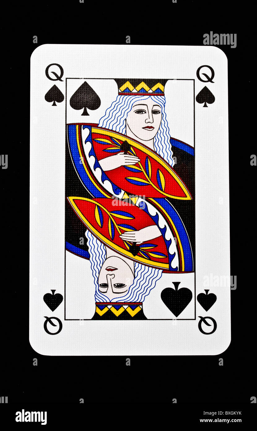 Queen of spades closeup on black background Stock Photo Alamy