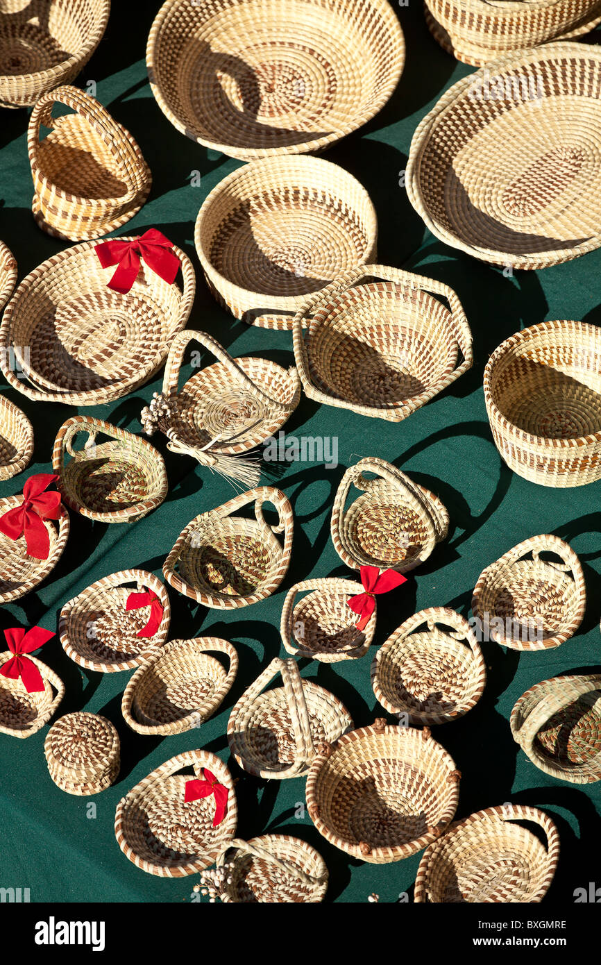 Traditional Gullah sweetgrass baskets on display in Charleston, SC
