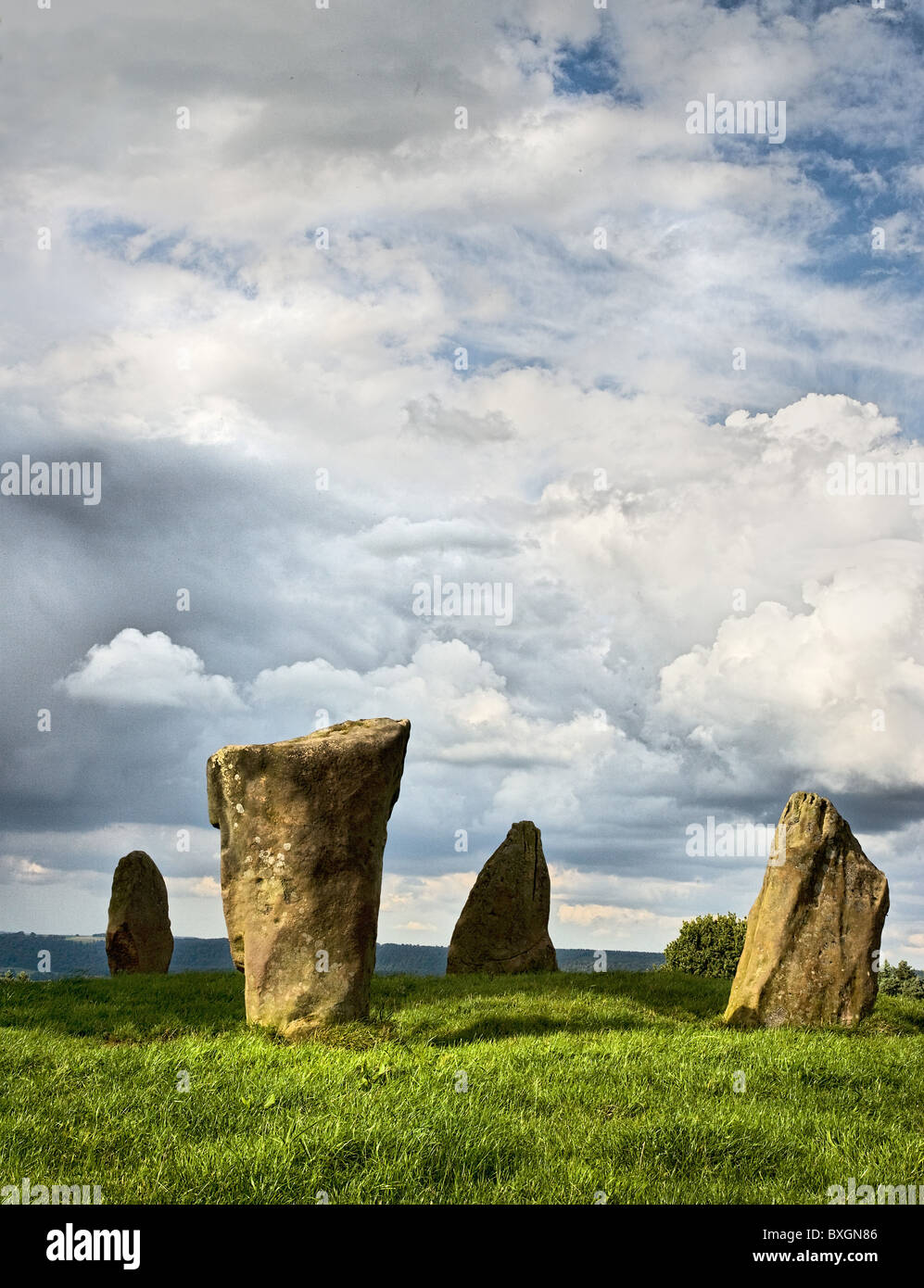 The four standing stones of the bronze age Nine Stones Close on Harthill Moor near Birchover in the Derbyshire Peak District Stock Photo