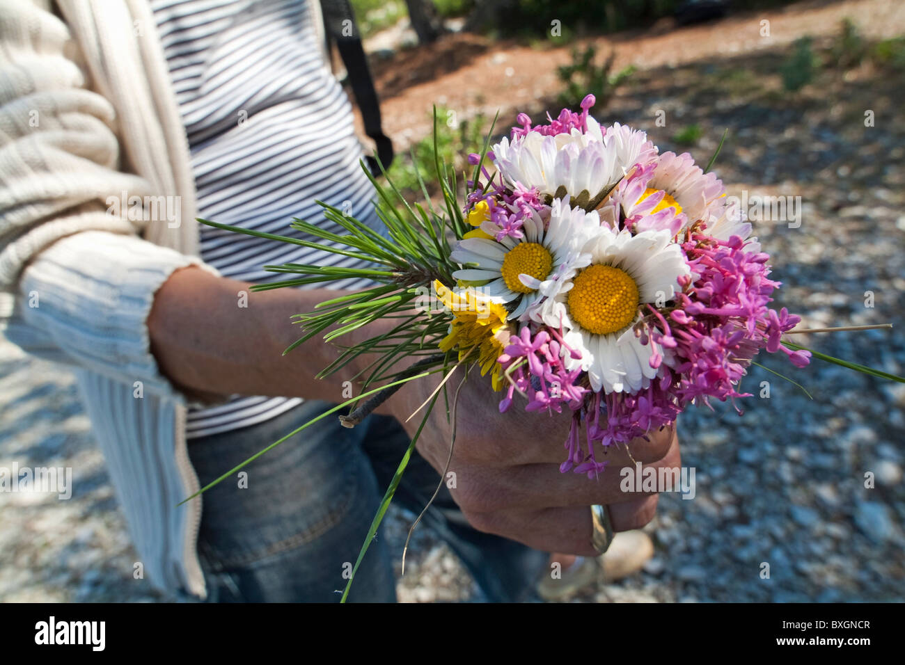 Woman holding a bunch of colorful flowers Stock Photo - Alamy