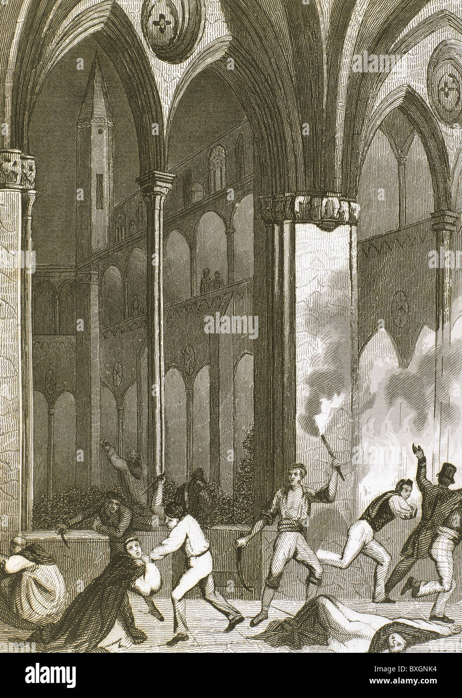 Fire in the Convent of Saint Catherine in 1835. Barcelona. Catalonia. Spain. Nineteenth-century engraving. Stock Photo