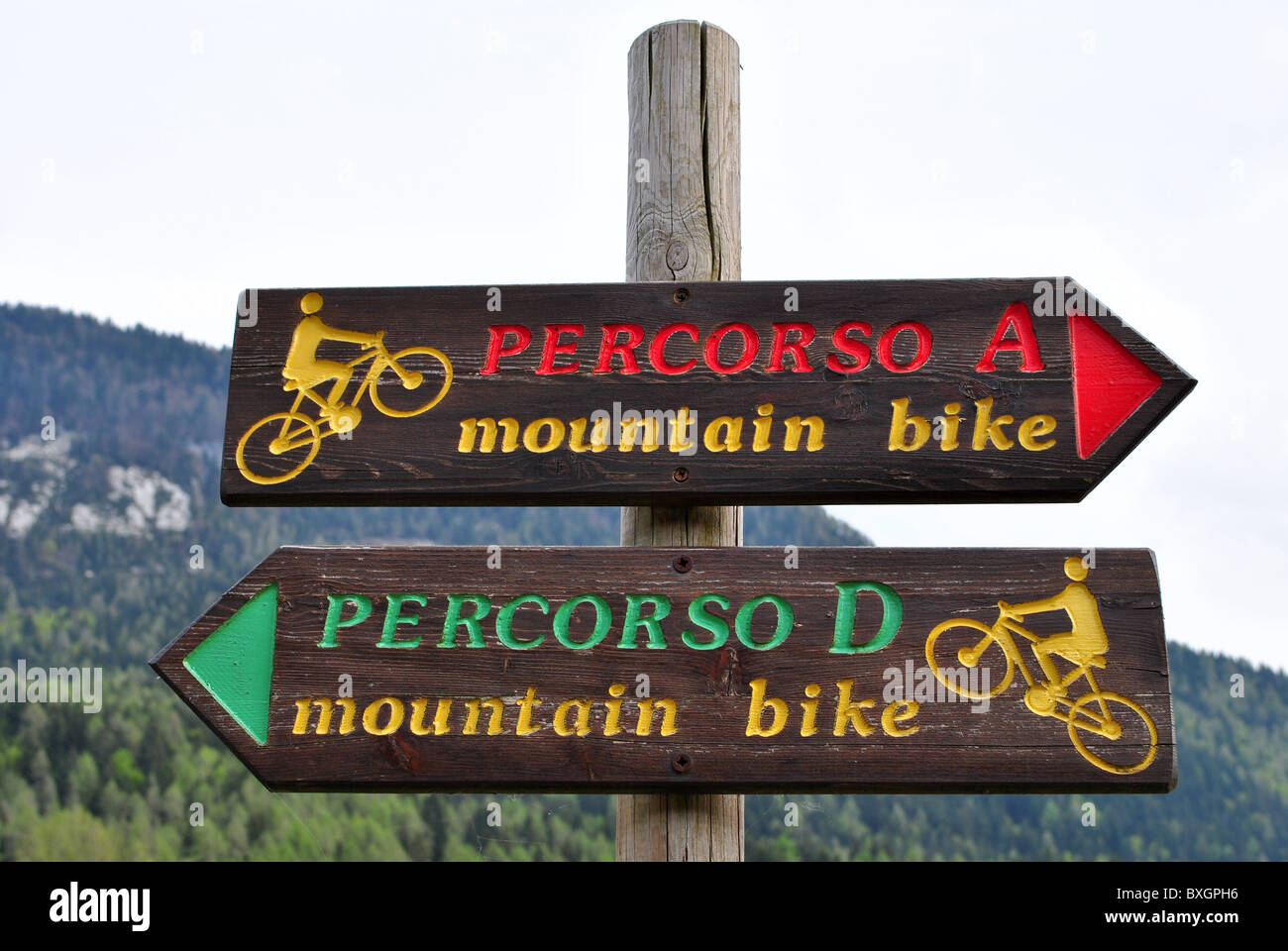 indication signs for bicycle ride along paths and dirt roads Stock ...