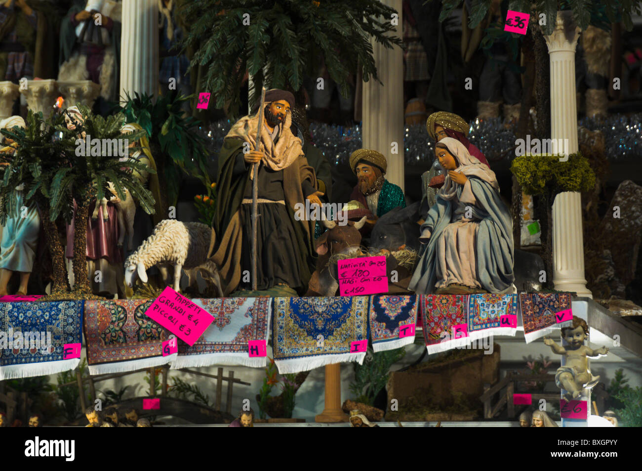 Rome, nativity figures for sale at piazza Navona Christmas street market Stock Photo
