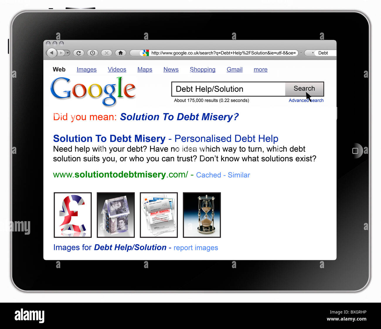 Apple iPad with Safari browser and a Google Search for Debt Solution Stock Photo