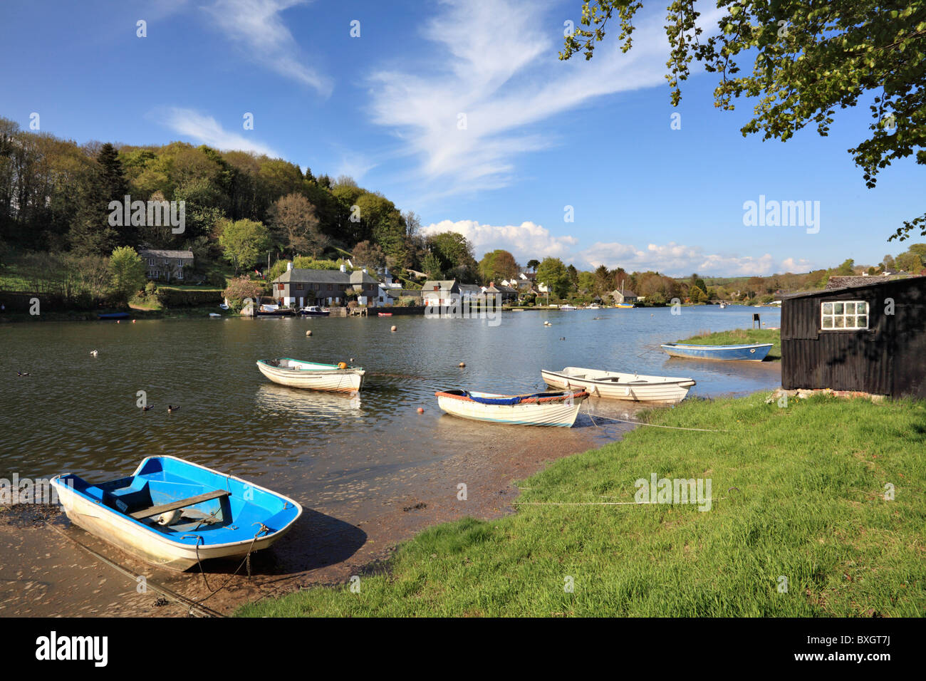 Boats at Lerryn at high tide Stock Photo